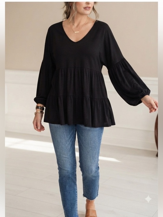 Celeste Tops - Celeste Black Tiered V-Neck Long Sleeve Tunic Top - Size 3XL